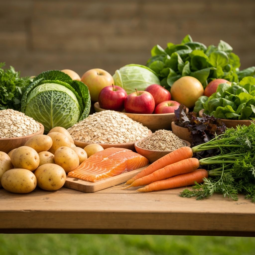 Fresh Northern Irish produce spread on wooden surface